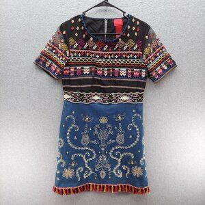 Embroidered Multicolor Short-Sleeve Dress With Fringe Hem By V Cristina Size 6